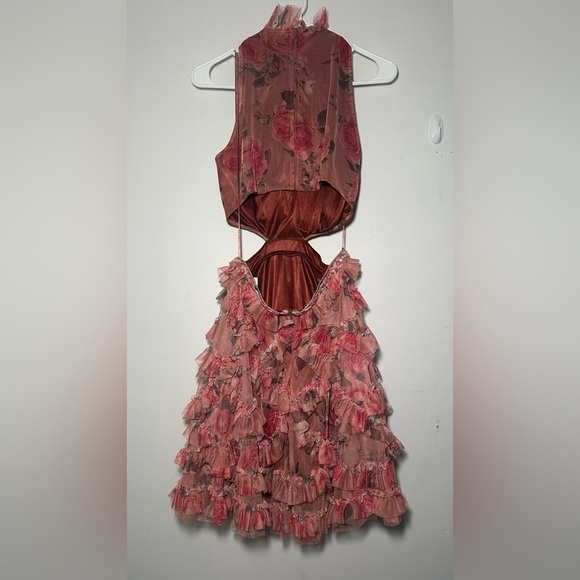 Mac Duggal Barbie Pink Floral Ruffled Cutout Dainty Halter Mini Dress Size 6 - Picture 13 of 16